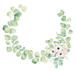 Anemone and rose flowers and eucalyptus leaves watercolor wreath illustration