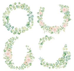 Pink rose flowers and eucalyptus leaves watercolor wreath illustration