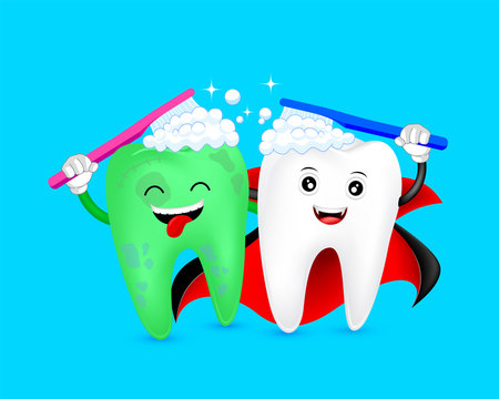 Halloween cartoon tooth character  brushing together. Count dracula and zombie. Happy Halloween concept. Illustration on blue background.