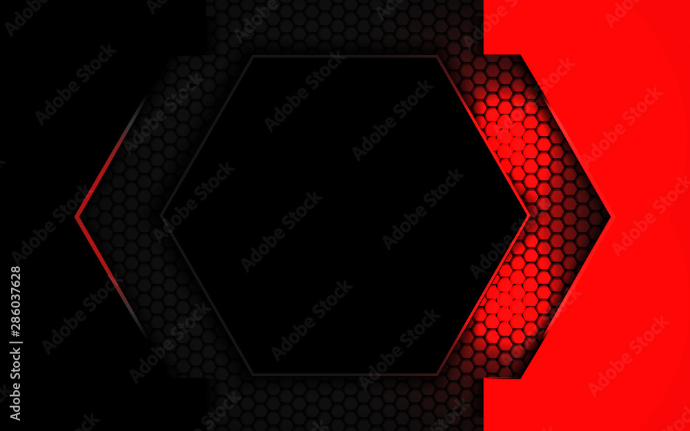 Poster abstract black structure a combination red color and hexagon pattern texture. luxury technology conc