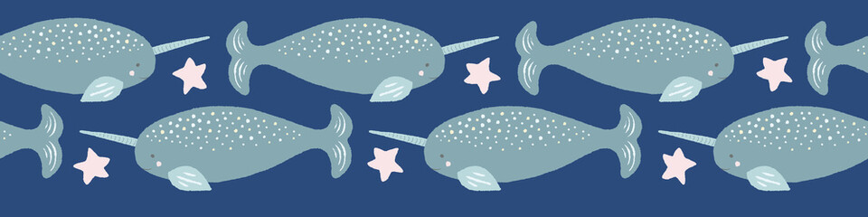 Narwhal seamless border pattern with stars. A cute hand drawn sea life vector design ideal for ribbon, tape or edge trim. © Anna Beatty