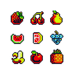 Fruits pixel art icons set, strawberries, cherries, pears, watermelon, grapes, banana, apple and pineapple. Design for logo, sticker and mobile app. Isolated vector illustration.