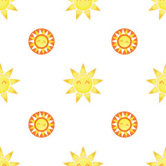 Seamless pattern with cute cartoon suns on a light background. Symmetrical pattern.