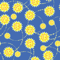 Seamless pattern of sun, stars, dots and circles on blue background. Cartoon illustration. Doodle vector.