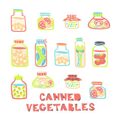 Collection of Hand Drawn Pickled Food - Cucumber, tomatoes, Olives, Peas, Eggs, Mushrooms.
