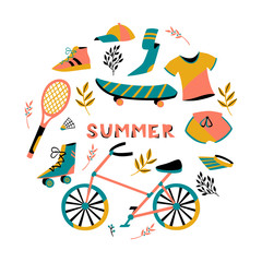Abstract Sports Hand Drawn Vector Symbols. Collection of Hand Drawn Summer Sport Equipment.