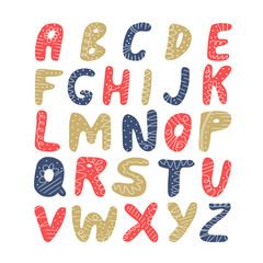 Doodle simple primitive kids alphabet, vector hand drawn letters elements. For kids books, posters, postcard typography. Christmas alphabet. Winter time.