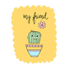 Cacti. Spring time. greeting card. Message. T - shirt design. Vector illustration. poster. concept - i love you. Cute cactuses. gardening.