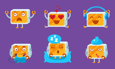 Funny Computer Monitors Characters Set, Cute Monobloc Emoji with Various Emotions Vector Illustration