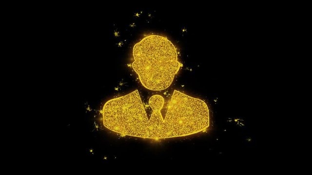 Businessman Job Manager Head Icon Sparks Glitter Particles on Black Background. Shape, Design, Text, Element, Symbol Alpha Channel 4K Loop.