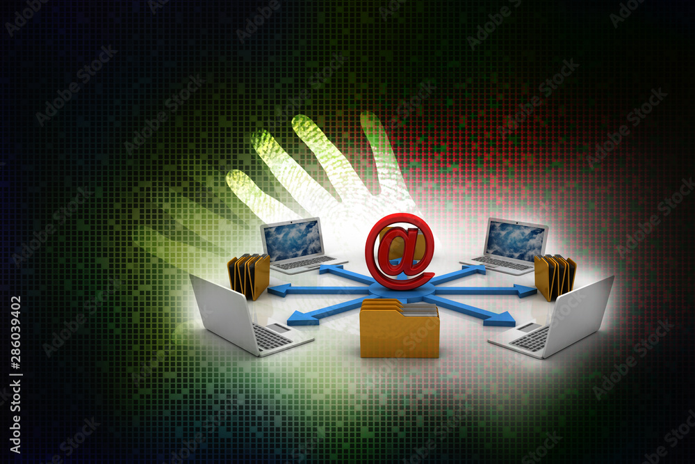 Poster 3d rendering computer folder network with e mail sign