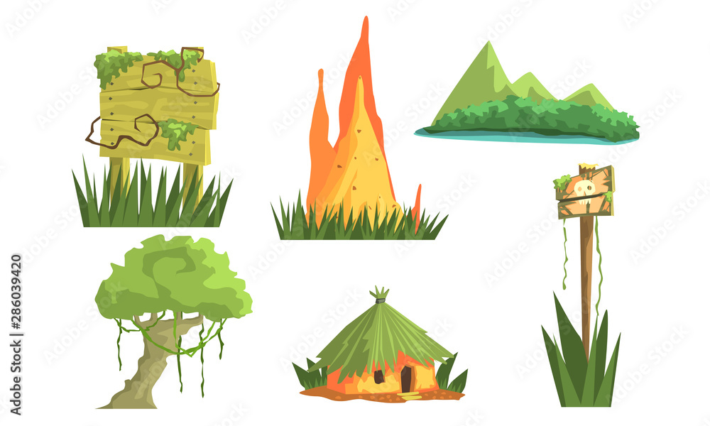 Poster jungle landscape elements set, user interface assets for mobile app or video game vector illustratio