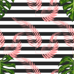 Seamless pattern of monstera leaves. Tropical leaves on hand drawn ink stripes