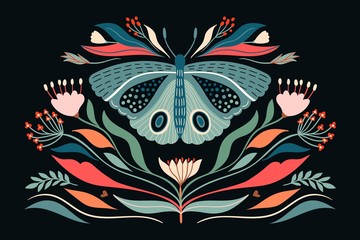 Decorative abstract poster/card/fashion textile illustration with moth and plants