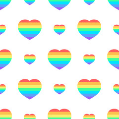 rainbow heart on white, seamless pattern, vector