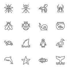 Animals and insects line icons set. linear style symbols collection, outline signs pack. vector graphics. Set includes icons as mosquito, ant, wasp, spider, fly, snail, ladybug, turtle, dolphin, duck