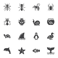 Animals and insects vector icons set, modern solid symbol collection, filled style pictogram pack. Signs logo illustration. Set includes icons as mosquito, ant, wasp, spider, fly, snail, ladybug, fish © alekseyvanin