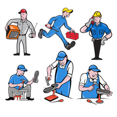 Set or collection of cartoon character mascot style illustration of a tv repairman, handyman, telephone or cable guy and a shoe repairman on isolated white background.