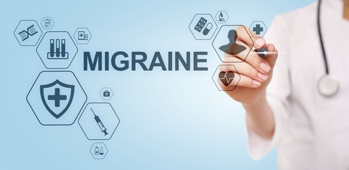 Migraine Headache head pain diseases simptome Medication Medical Healthcare concept banner.
