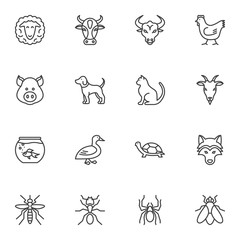 Insects and animals vector icons set, modern solid symbol collection filled style pictogram pack. Signs logo illustration. Set includes icons as spider ant turtle, goat, bull, sheep, pig, cow, chicken