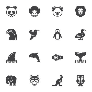 Animals vector icons set, modern solid symbol collection, Pictogram pack. Signs, logo illustration. Set includes icons as lion, eagle, dolphin, whale, fish, elephant, monkey, penguin panda owl