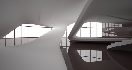 Abstract smooth architectural white and brown gloss interior of a minimalist house with large windows. 3D illustration and rendering.