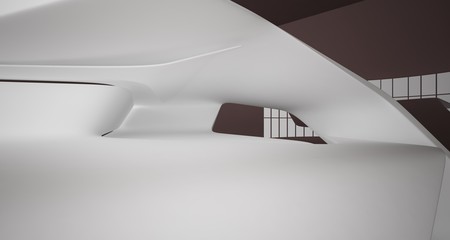 Abstract smooth architectural white and brown gloss interior of a minimalist house with large windows. 3D illustration and rendering.