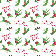 Watercolor Christmas seamless pattern with berries and leaves. New year background. Hand drawn sketch illustration. Perfect for wrapping paper, packing, textile, print