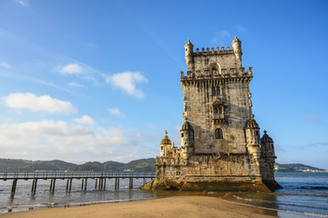 Lisbon Portugal city skyline at Belem Tower and Tagus River