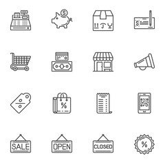 Shopping and commerce line icons set. linear style symbols collection, outline signs pack. vector graphics. Set includes icons as cash machine register, piggy box, shopping cart, cardboard box, money