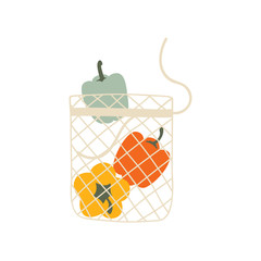 Mesh eco bag full of vegetables isolated on white background. Modern shopper with fresh organic pepper from local market. Vector illustration in flat cartoon style.