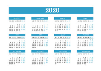 The simple layout of the calendar for 2020. The week starts on Monday