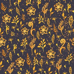 Beautiful seamless pattern with orange flowers and yellow elements