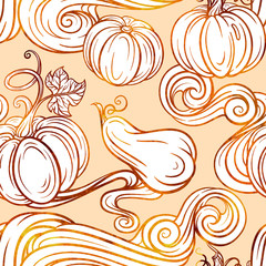 Colorful autumn vector seamless pattern with pumpkins and maple leaves. Sunny background in warm color palette.