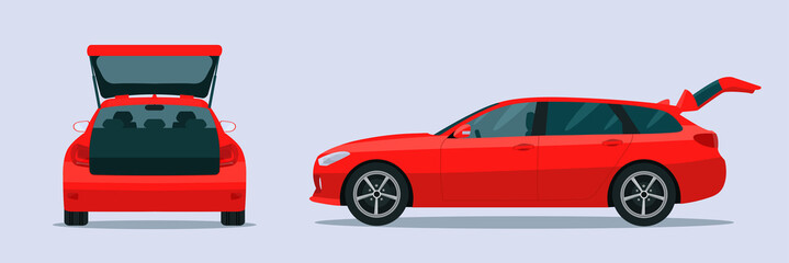 Red station wagon car with open boot. Side and back view. Vector flat style illustration. © lyudinka