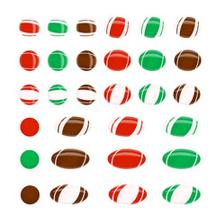 Set of round oval striped candy on white. Christmas candy. Red green chocolate sweets.