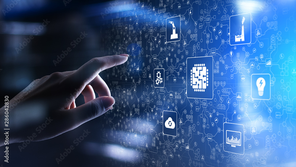 Poster microchip, artificial intelligence, automation and internet of things, iot, digital integration. bus