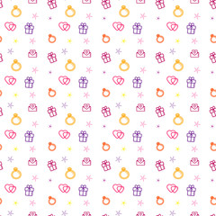 Wedding background seamless vector pattern. Love, romance flat line icons - hearts, engagement ring, gift, valentine card