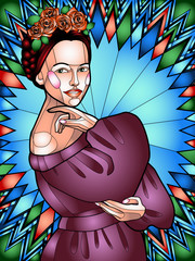 color illustration in stained Glass style depicting a young beautiful girl with a traditional Mexican hairstyle