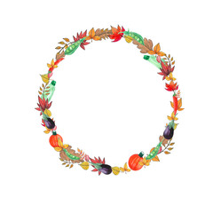 autumn wreath with vegetables and orange yellow leaves. Pumpkin Watercolor Fall Flower Wreath 