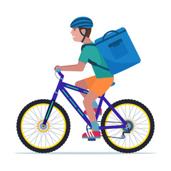 Courier man carries a box on a bicycle