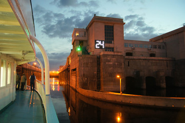 Ship at night in the locks