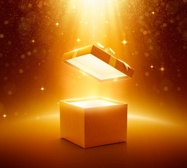 Gold open gift box on glittering background