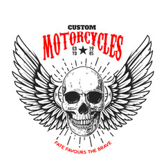 Custom motorcycles .Poster template with winged skull. Design element for poster, flyer, card, banner. Vector illustration