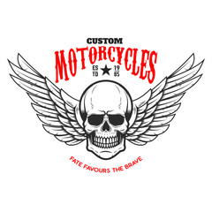 Custom motorcycles .Poster template with winged skull. Design element for poster, flyer, card, banner. Vector illustration