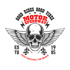 Custom motorcycles .Poster template with winged skull. Design element for poster, flyer, card, banner. Vector illustration