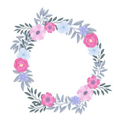 Round wreath of flowers and leaves. Vector illustration on a white background.
