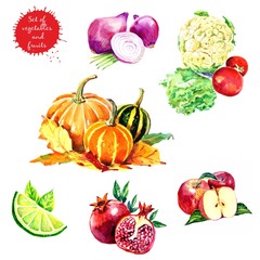 Set of fresh tasty fruits and vegetables.