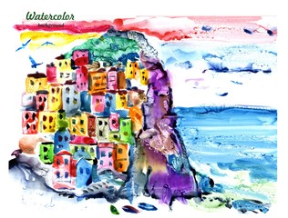 Watercolor drawing of Italian city. Italy.
