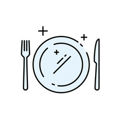 Dinner plate line icon. Cutlery and crockery symbol. Eating utensils sign. Knife, fork and empty plate graphic. Vector illustration.